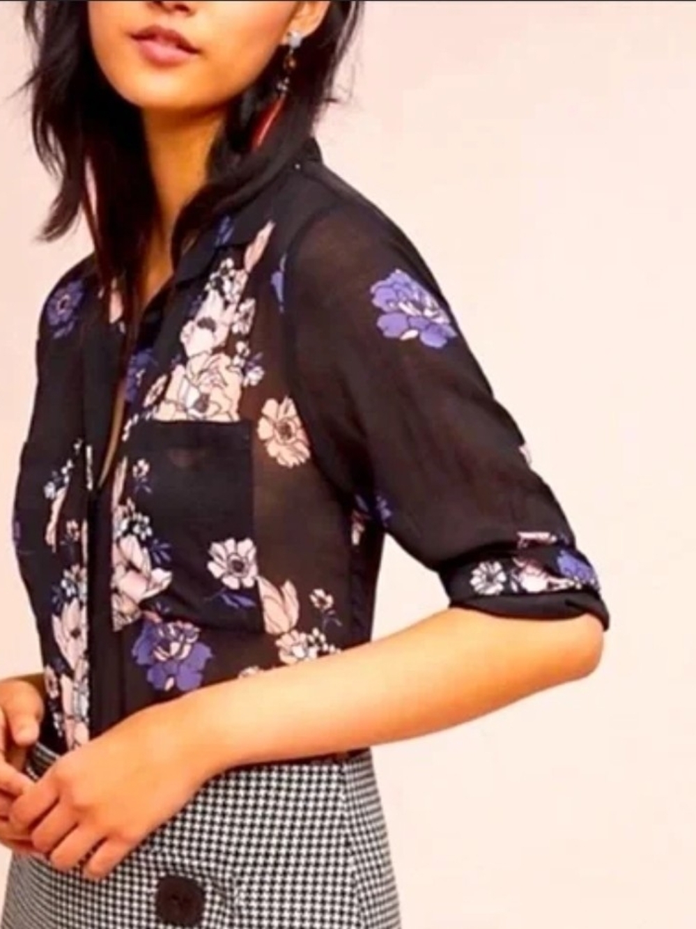 Anthropologie Black Sheer Floral Button-Down Shirt